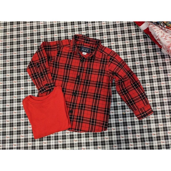 Toddler Boys Christmas Layered Shirt Set 12–18mo – Plaid Button Up + Tee - Picture 2 of 6